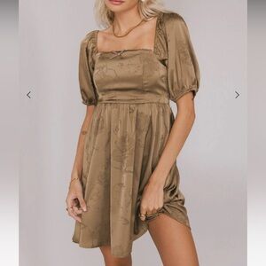 Bohme Olive gold Puff Sleeve Mini Dress